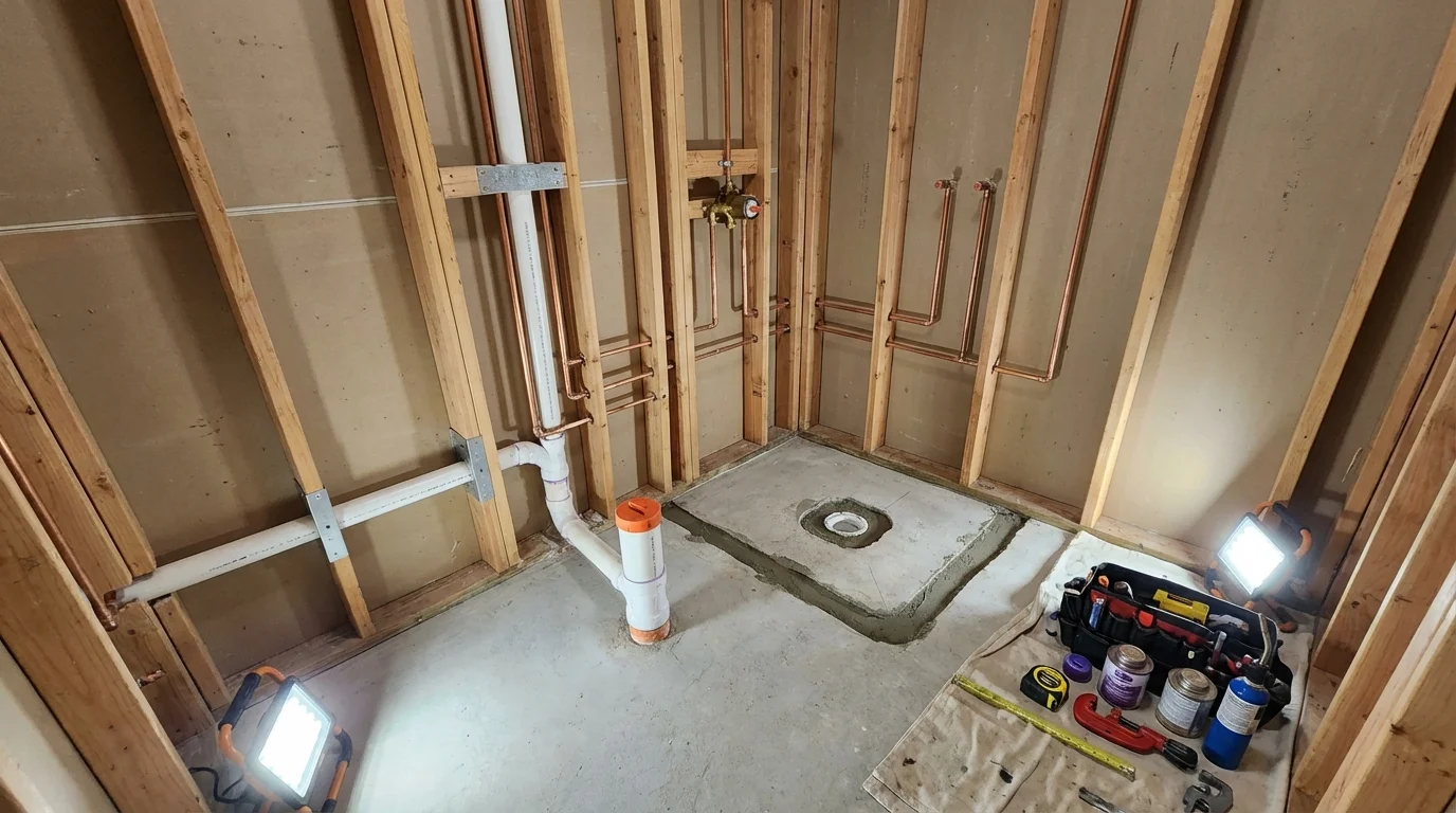 Bathroom rough-in plumbing during remodel by Johns Plumbing LLC in Marionville