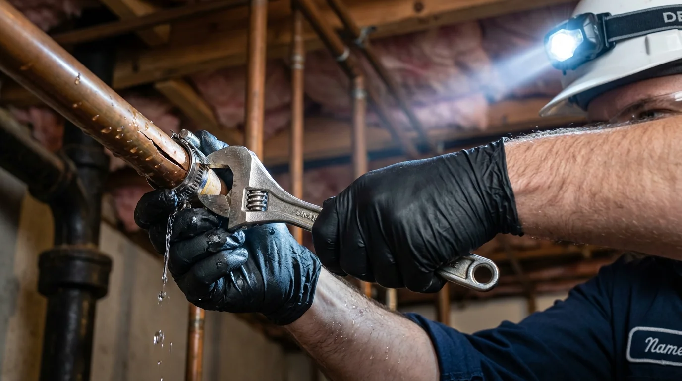 Emergency pipe clamp repair being performed by a Johns Plumbing LLC plumber in Marionville