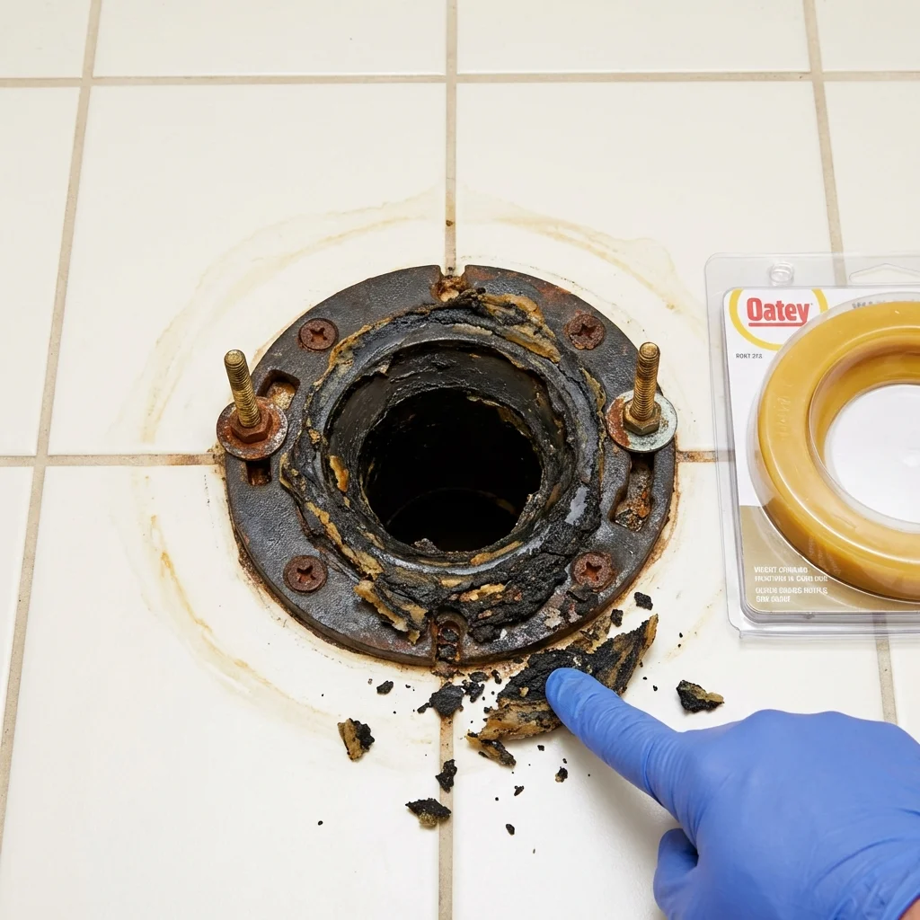 Failed wax ring showing water seepage at the base of a toilet in a Marionville, MO home