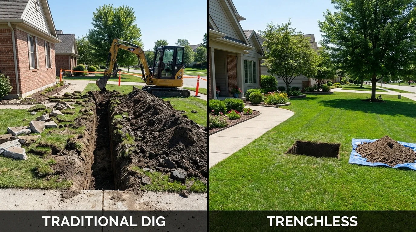 Trenchless sewer repair with minimal yard damage versus traditional excavation in Marionville, MO