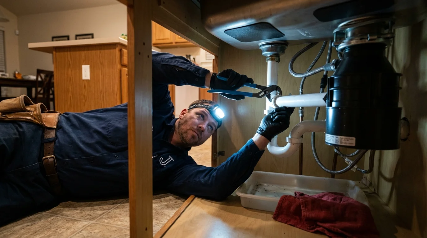 P-trap and supply line connections under a kitchen sink showing a common leak point in Marionville, MO